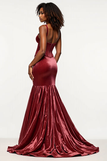 Robe de bal corset sirène bordeaux à col en V en velours
